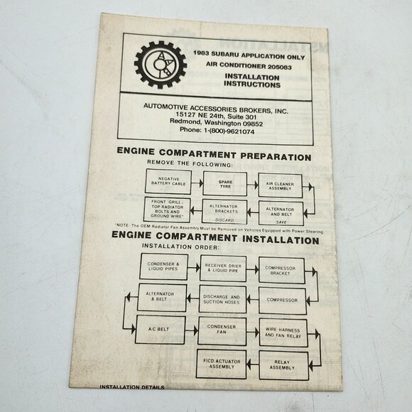 1983 Subaru Air Conditioner 205083 Fold-Out Installation Instructions - Picture 1 of 1